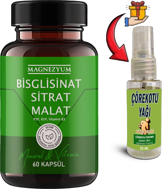 Magnezyum: 1 Adet Bisglisinat  Magnezyum Sitrat Magnezyum Malat & Vitamin B2 B3 B6  ve Mineral Kapsülleri 60LI + 30 ml Çörek Otu Masaj Yağı