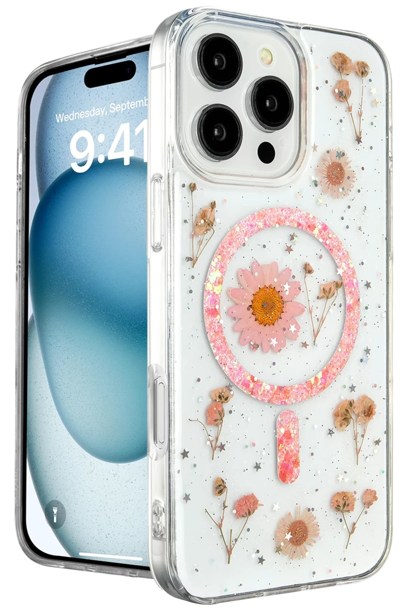 Apple iPhone 16 Pro Max Uyumlu Kılıf Daisy Simli Magsafe Kapak - Pembe