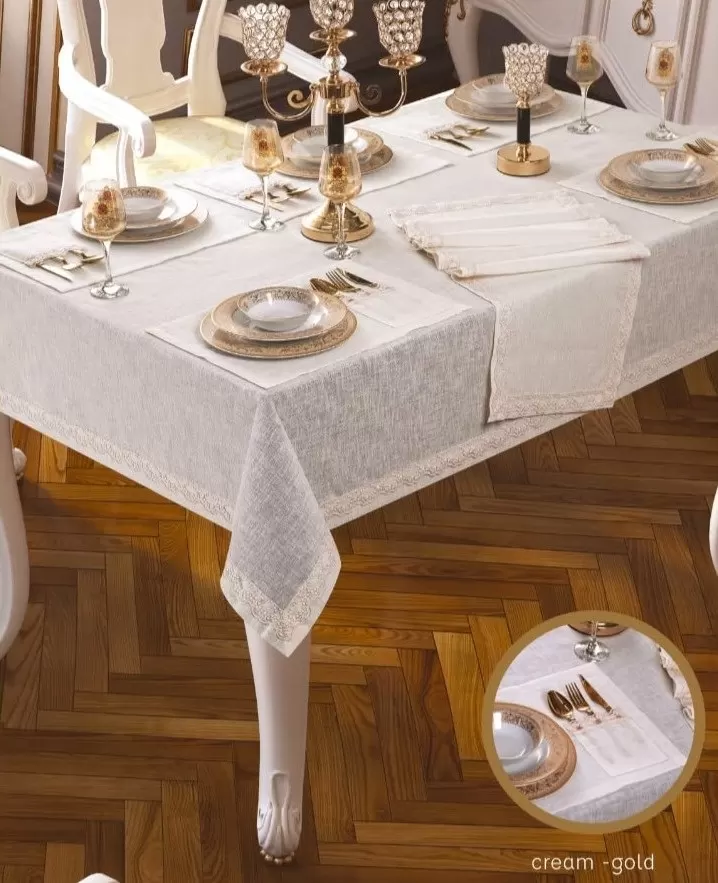 8 Kişilik Zara Krem-Gold 10 Masası 160 × 220 cm Parça Lüks Şık Yemek Masa Takımı