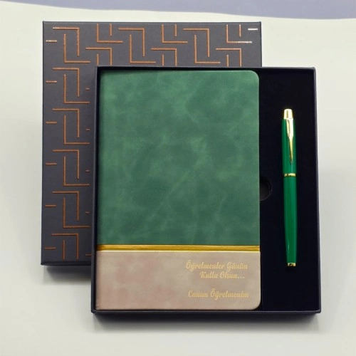 Şık Yeşil Defter ve Metal Kalem Seti Hediye Kutusu