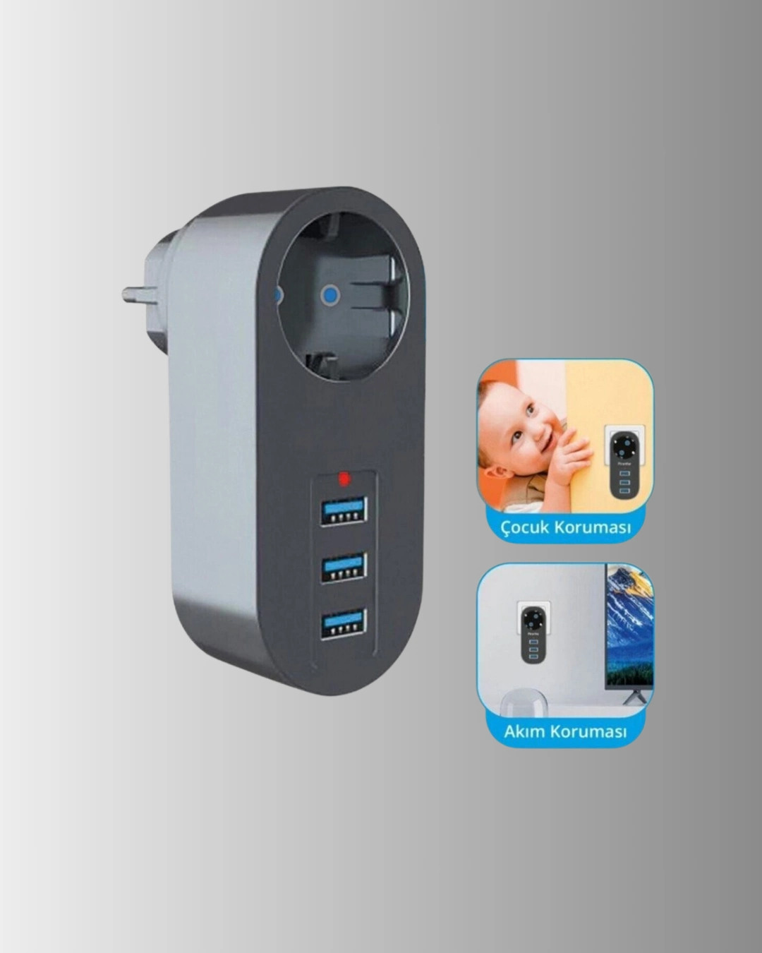 Akım Korumalı Priz 2500W 3 USB Çıkışlı Güvenlik