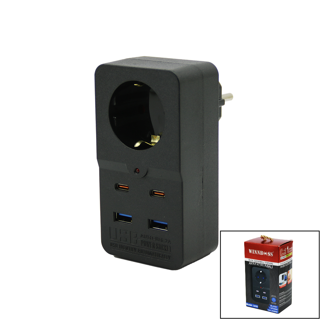 Termal Akım Korumalı 1XPRİZ 2X Usb 2X Type-c Duvar Tipi Priz Siyah 10A - 2500W