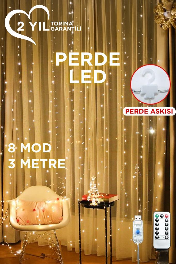 Torima LW-7 300 Ledli 10 Sarkıt Perde Led Işık, 8 Modlu Uzaktan Kumandalı, 3x3 Metre Peri Telli Led