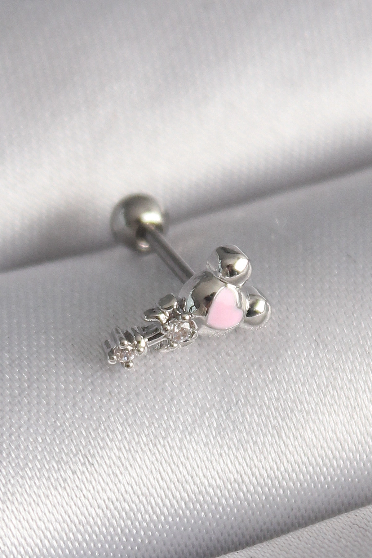 Zirkon Taş Detaylı Pembe Kalp Tragus Piercing 6mm