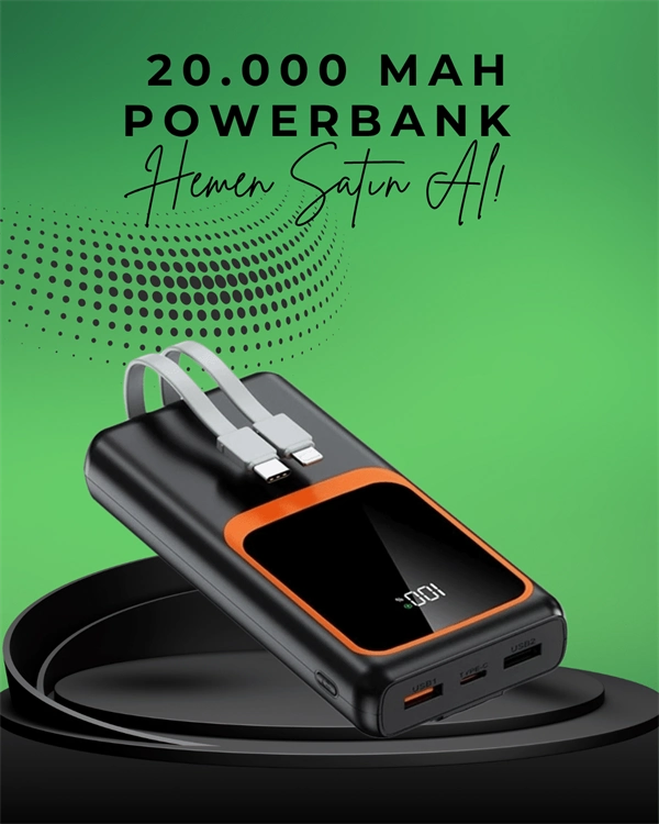Taşınabilir Hızlı Şarj Powerbank 20000 mAh Çok Kablolu