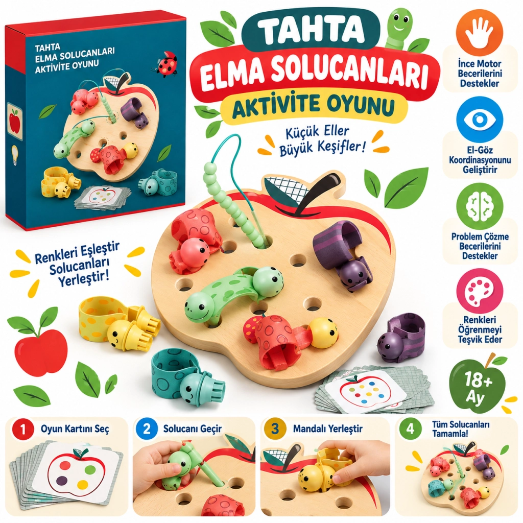 Eğlenceli Tahta Elma Solucanları Aktivite Oyunu 1 Adet