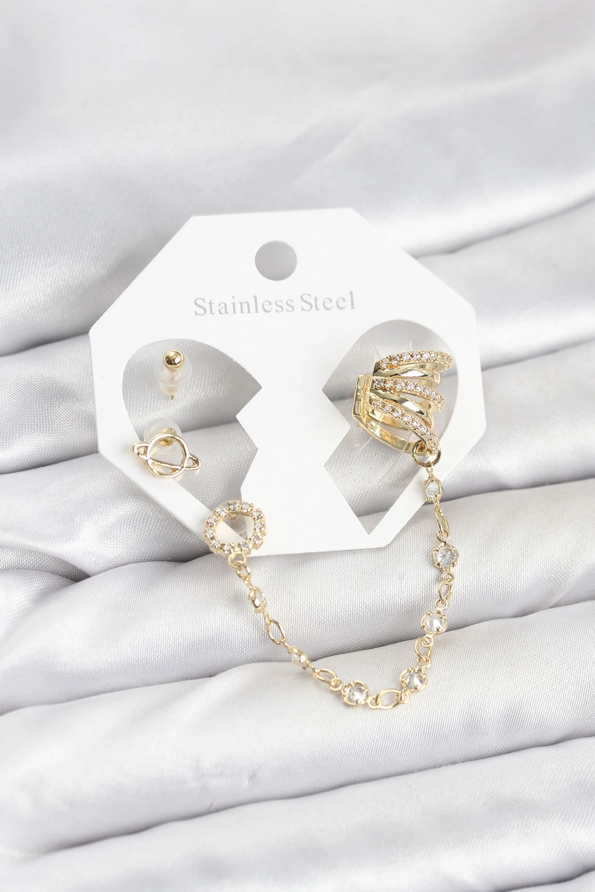 Gold Renk Zincirli Ear Cuff Küpe Seti 1 Adet