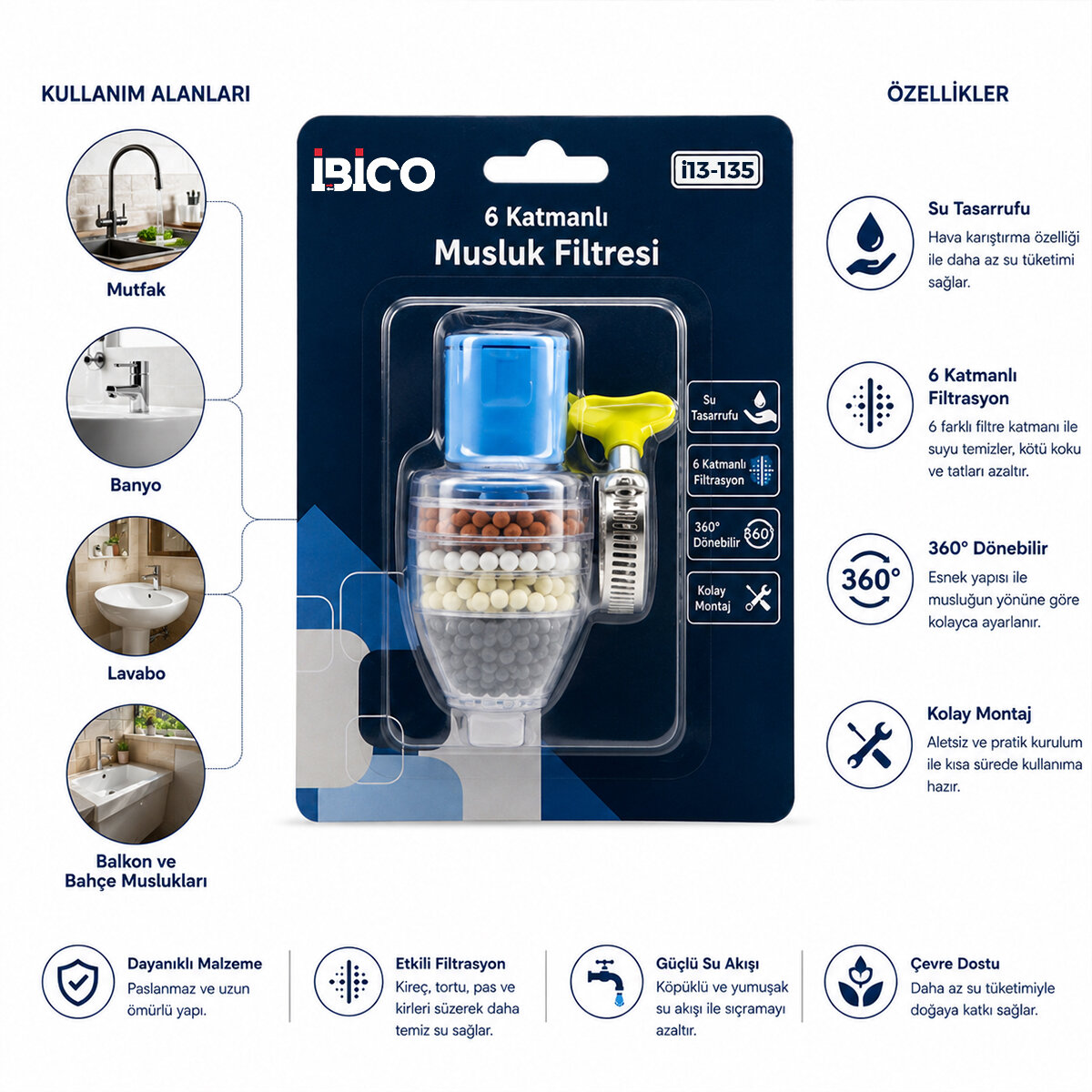 12 Adet Musluk Ucu Filtresi 6 Katmanlı - Taşlı 360° 16-19MM Tüm Musluklara Uyum Kireçlenme Yapmaz