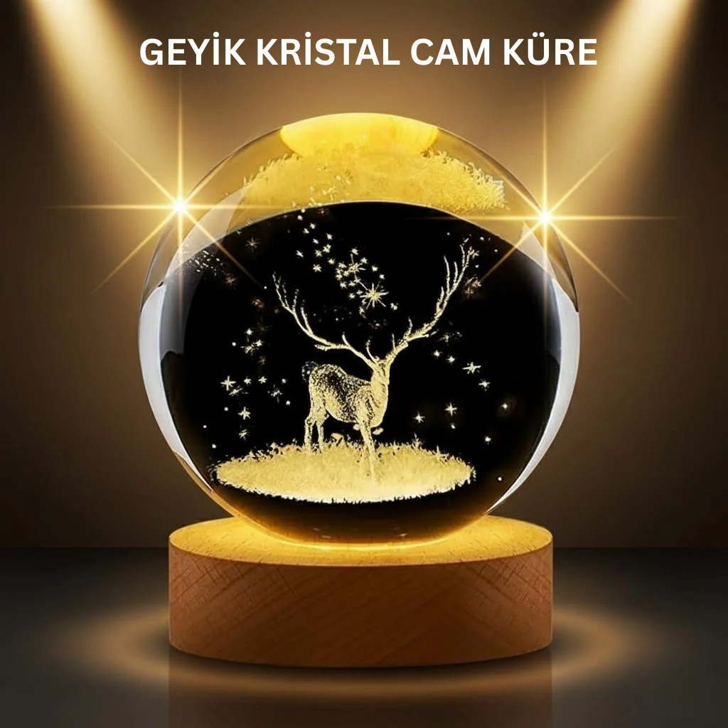LED Işıklı Geyikli Kristal Küre Ahşap Standlı Modern Dekor Lamba