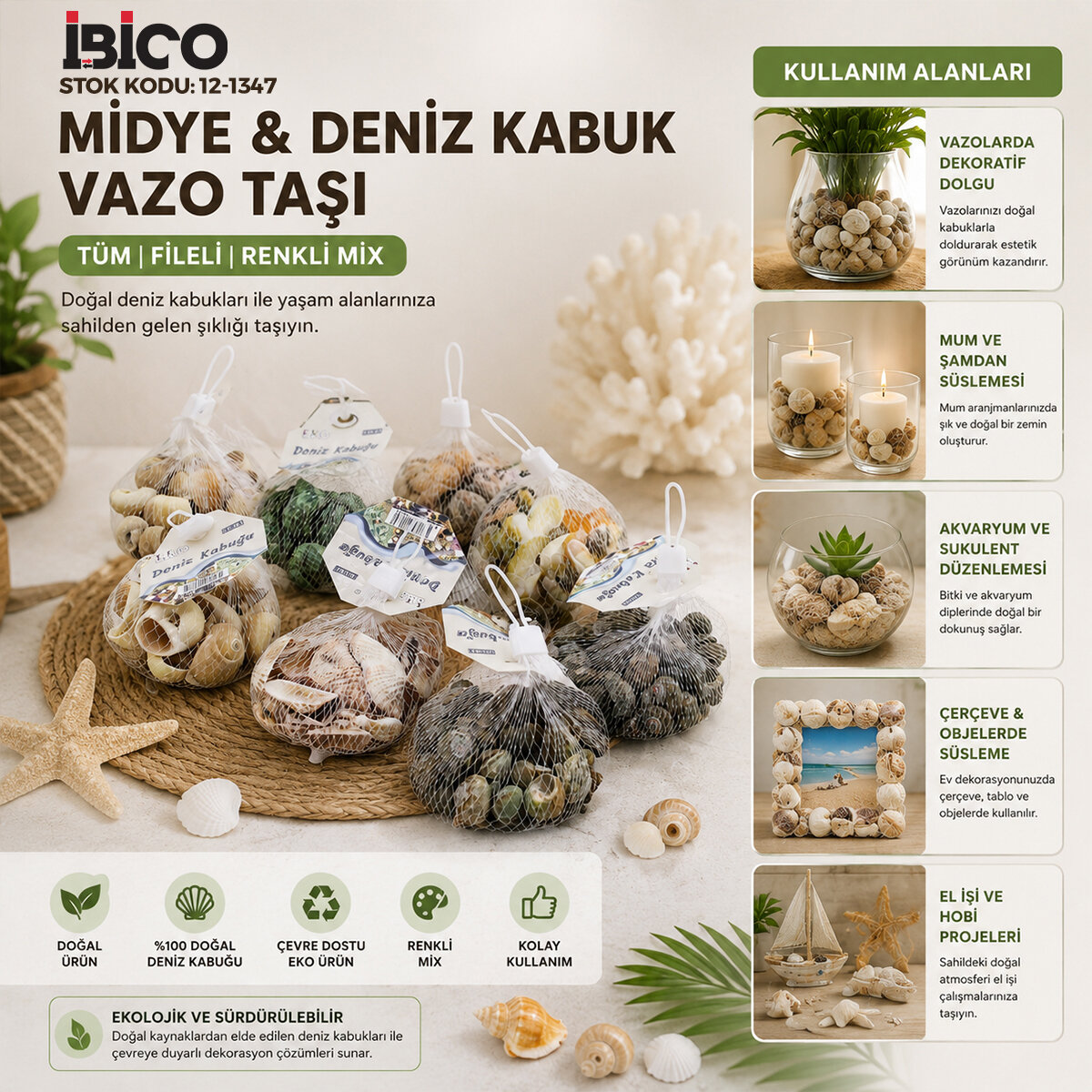 20 Adet Fileli Renkli Mix Eko Midye - Deniz Kabuk Vazo Taşı