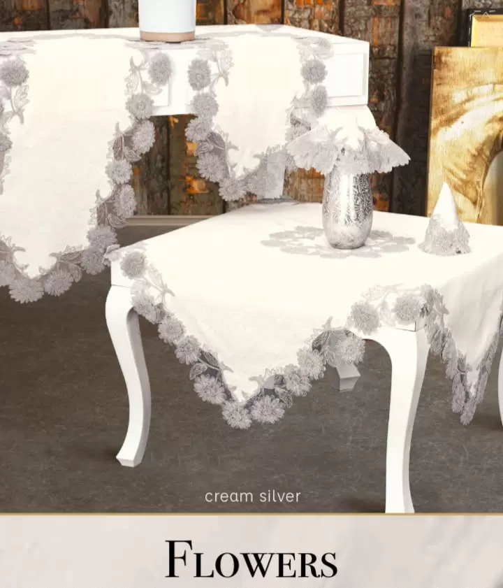 Salon Takımı Çeyizlik Flowers Model Bej 5 Parça Keten Dantelli Masa Örtüsü Seti