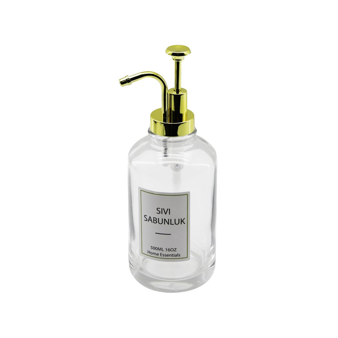 Yuvarlak Cam Şişe - Şeffafsıvı Sabunluk 500ML Pompa - Musluk Ayrık Model Başlı