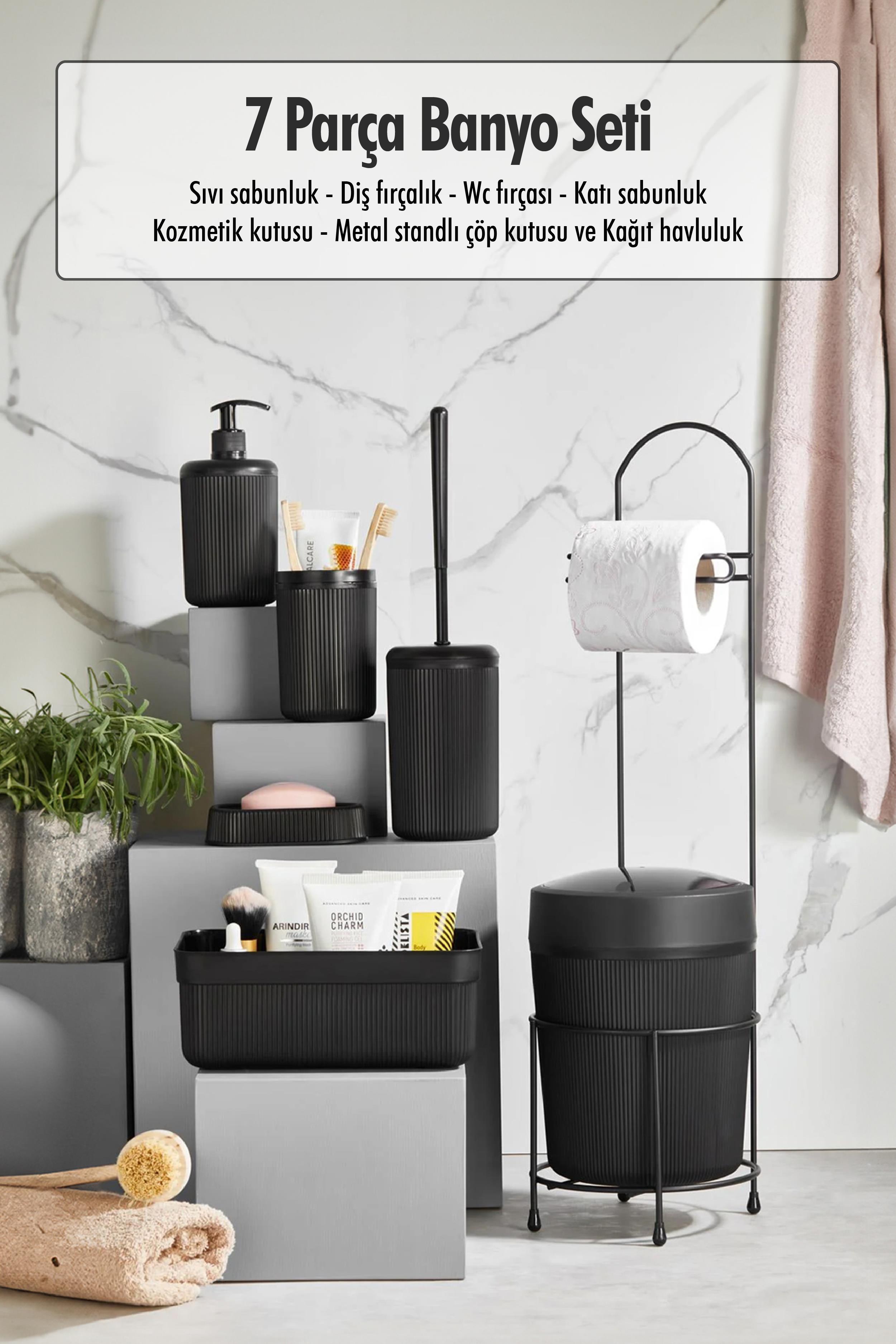 7 Parça Siyah Banyo Seti Metal Stantlı Kovalı Wc Kağıtlık Kozmetik Kutusu Diş Fırçalık Ve Sabunlukla