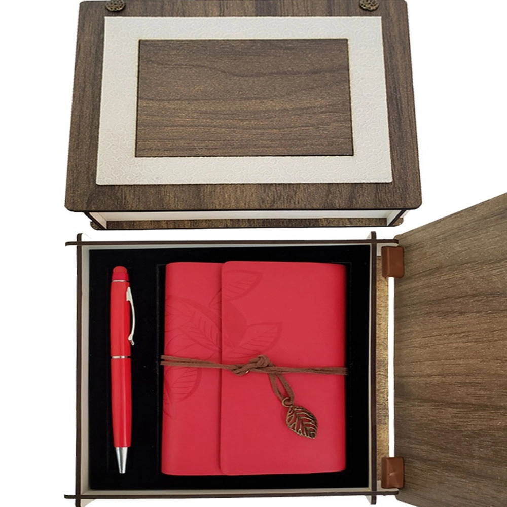 Şık Kırmızı Deri Defter ve Kalem Seti 14x10 cm Ahşap Kutuda