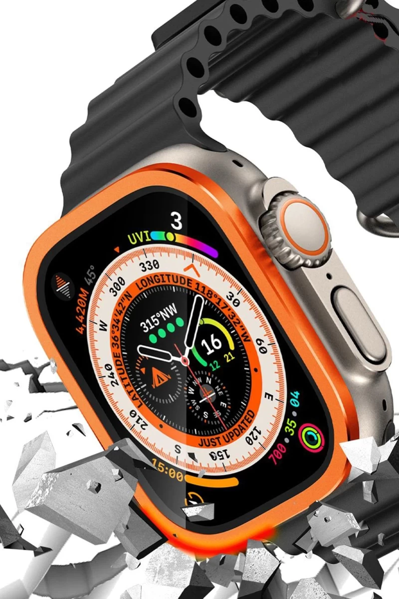 Apple Watch Ultra 49mm Uyumlu Alüminyum Kasa Cam Ekran Koruyucu - Turuncu