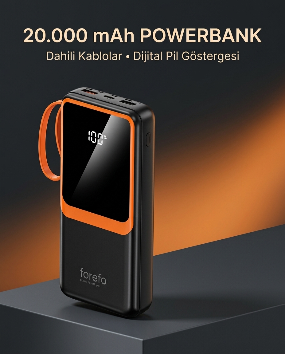Telefon ve Mobil Cihaz Uyumlu 20000 mAh Powerbank Dahili Kablolu Dijital Göstergeli