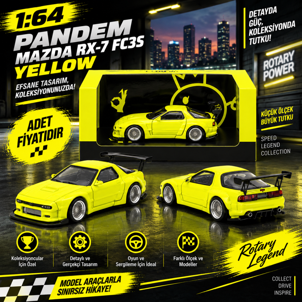 1/64 Pandem Mazda RX-7 FC3S Yellow (adet fiyatıdır)