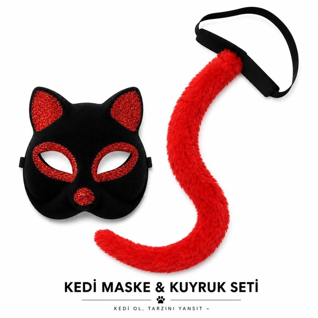 Eğlenceli Kedi Maske ve Kuyruk Seti 1 Adet Parti Aksesuarı