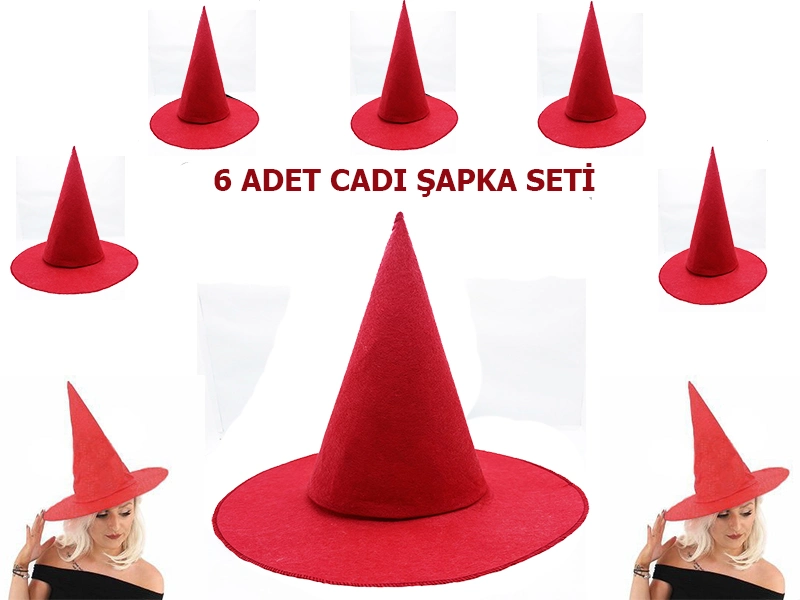 Cadı Şapkası Kırmızı Renk 6 Adet Yetişkin Çocuk Uyumlu