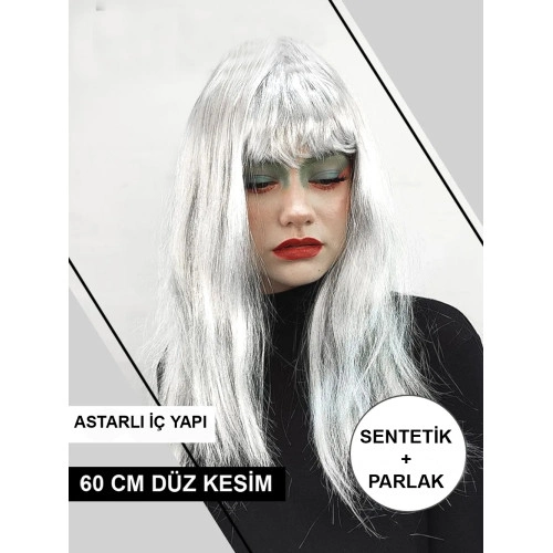 Uzun Parti Peruğu Platin Gri Gümüş Renk 60 cm