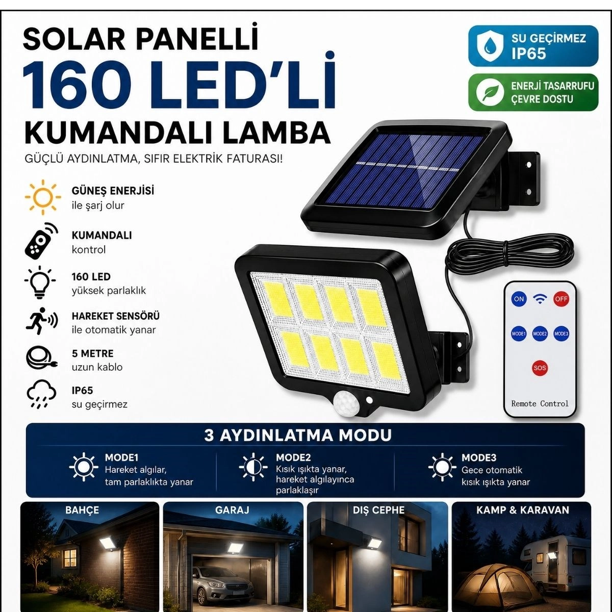 Pratik Güneş Panelli LED Lamba 6'lı 5 Metre Kablolu