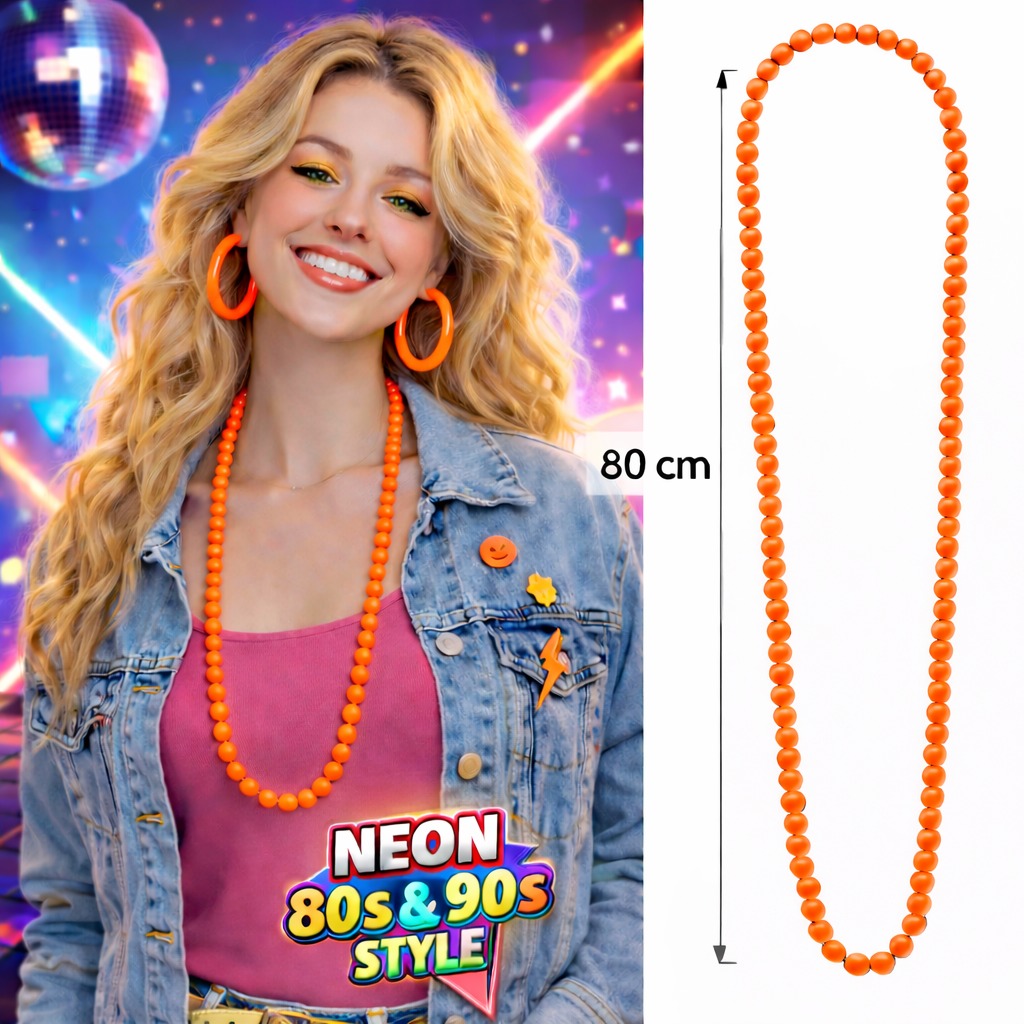 Neon Turuncu Boncuk Kolye 80 cm ? Retro 80?ler 90?lar Parti Aksesuarı