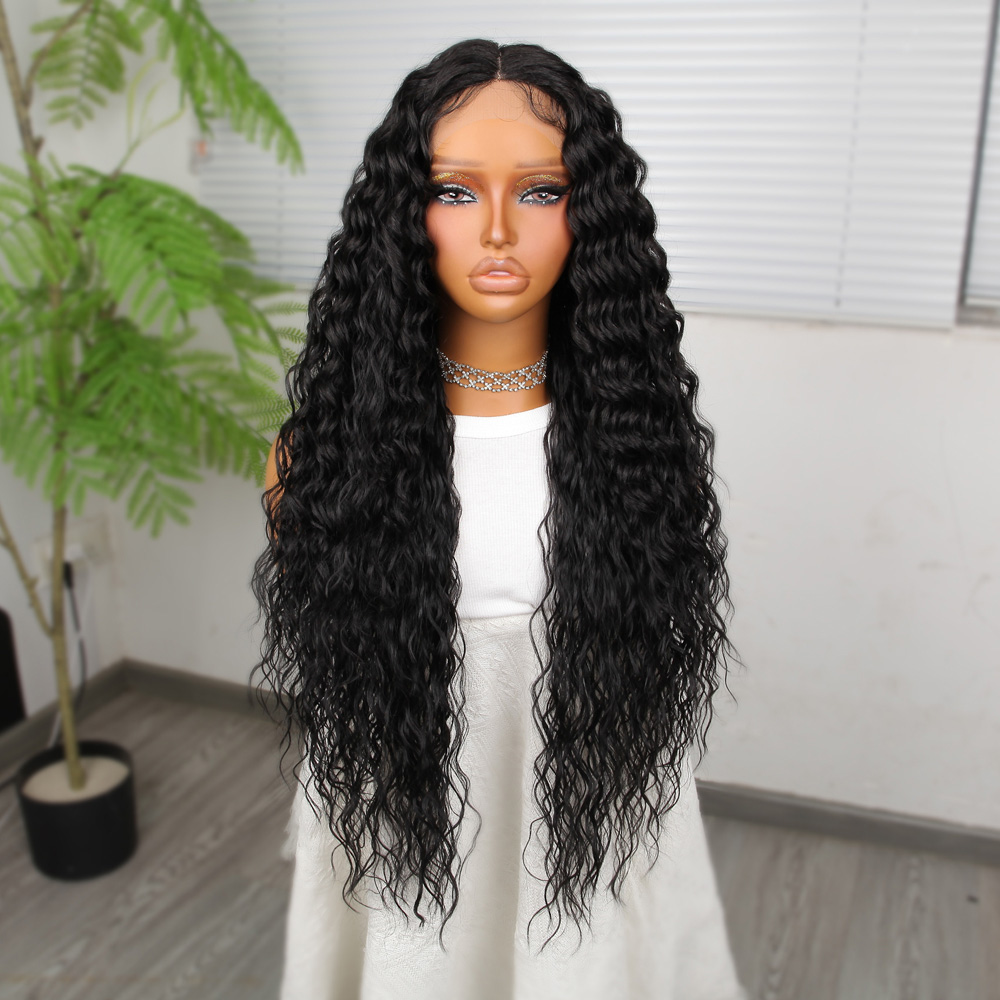 Ekstra Uzun Yoğun Afro Dalga Siyah Fiber Sentetik Geniş T Tül Peruk