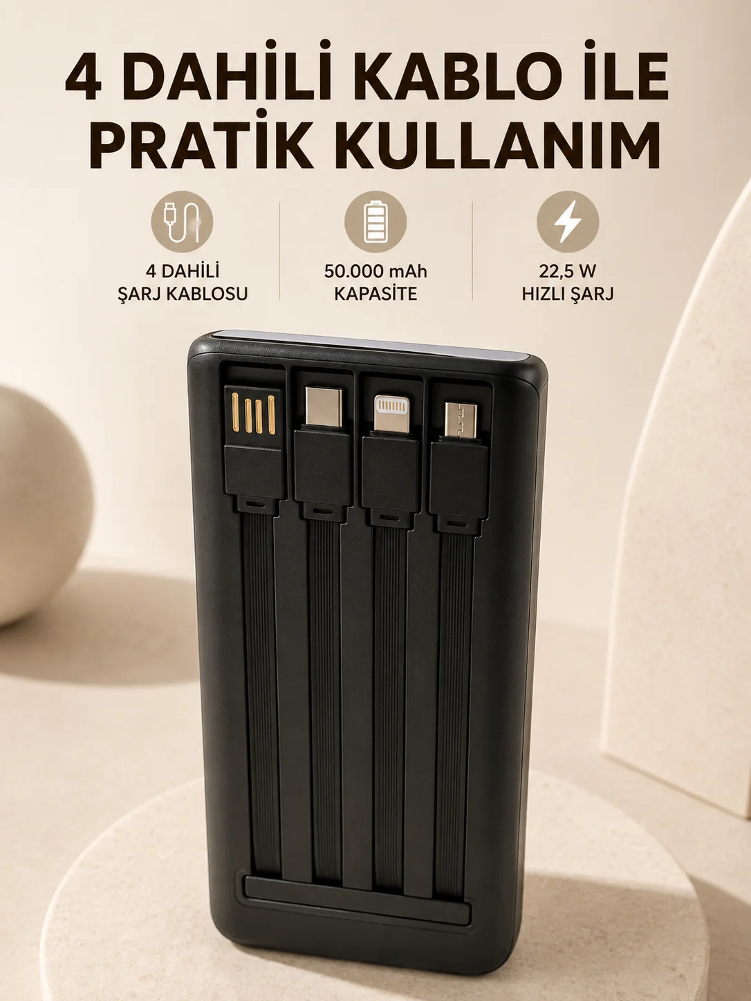 Hızlı Şarj Powerbank 50.000 mAh 4 Dahili Kablolu LED Aydınlatmalı Dijital Göstergeli Taşınabilir Batarya