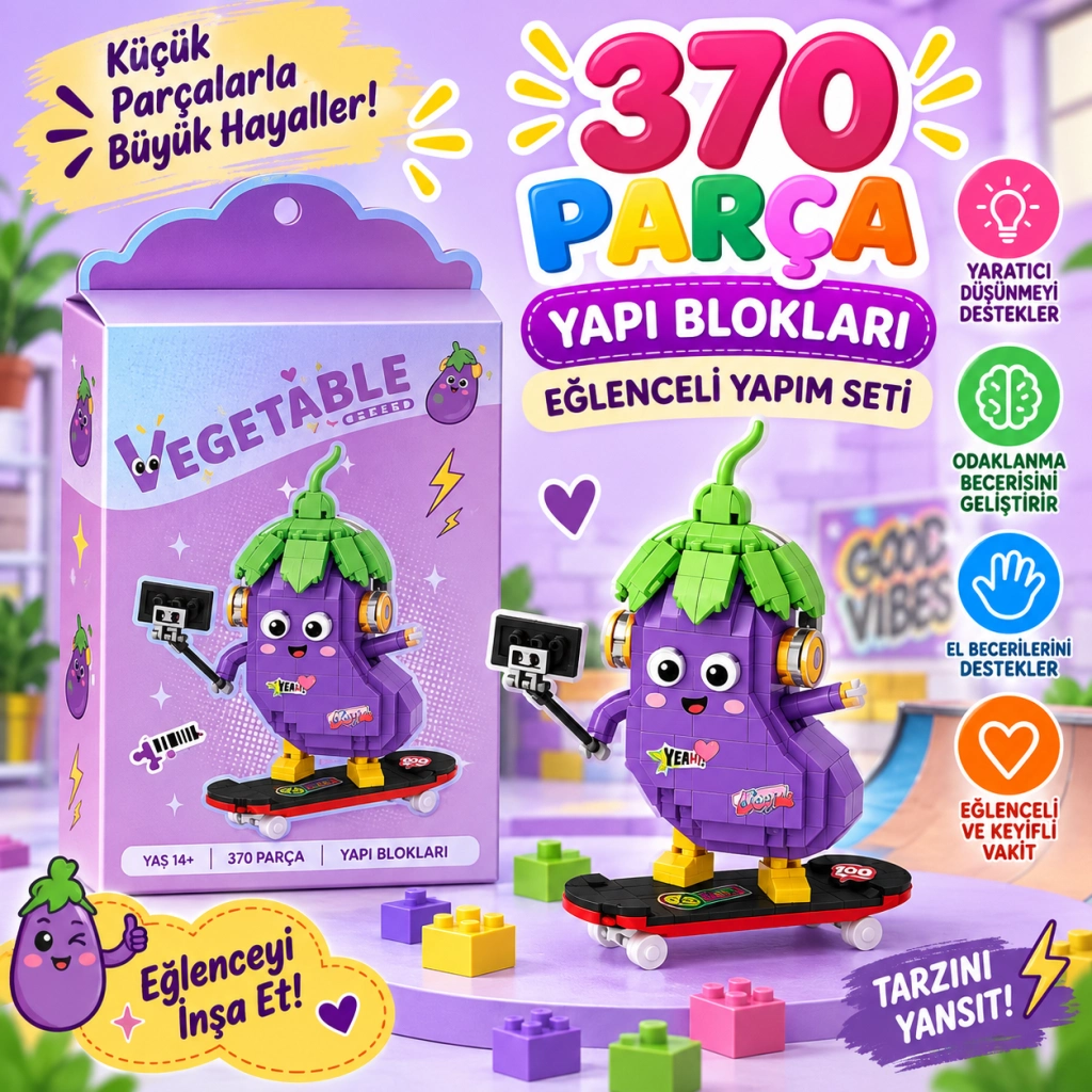 Eğlenceli Kaykay Süren Patlıcan 370 Parça Block Oyuncak