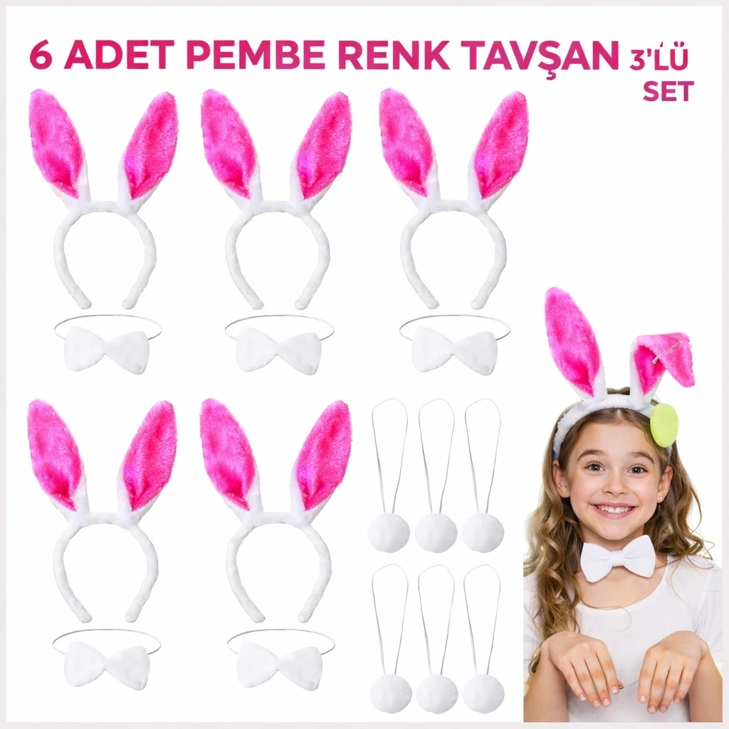 Tavşan Temalı Şeker Pembesi Sahne Seti 6'lı Taç Papyon Kuyruk