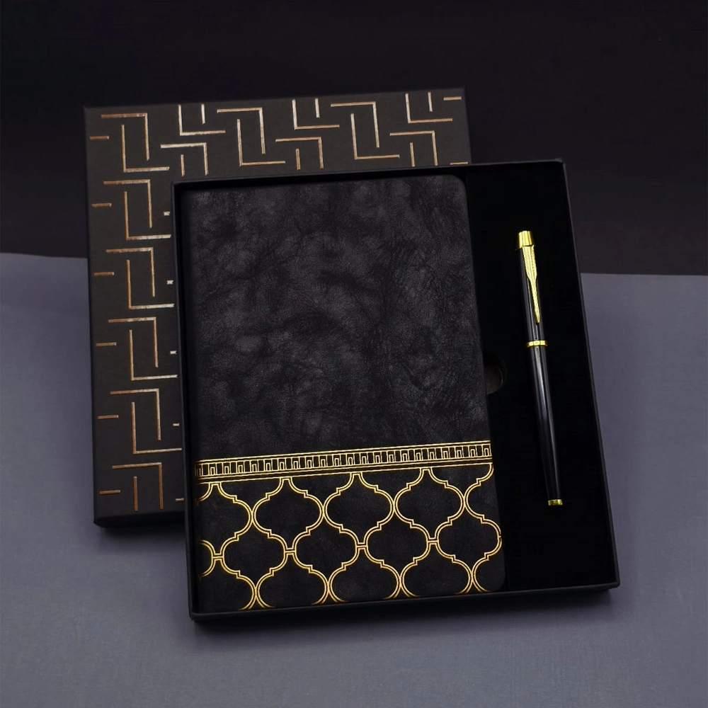 Şık Gold Desen Deri Defter Kalem Seti 96 Yaprak