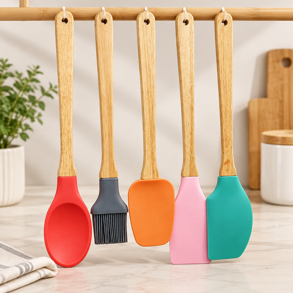 5 Parça Bambu Saplı Silikon Kaşık Seti