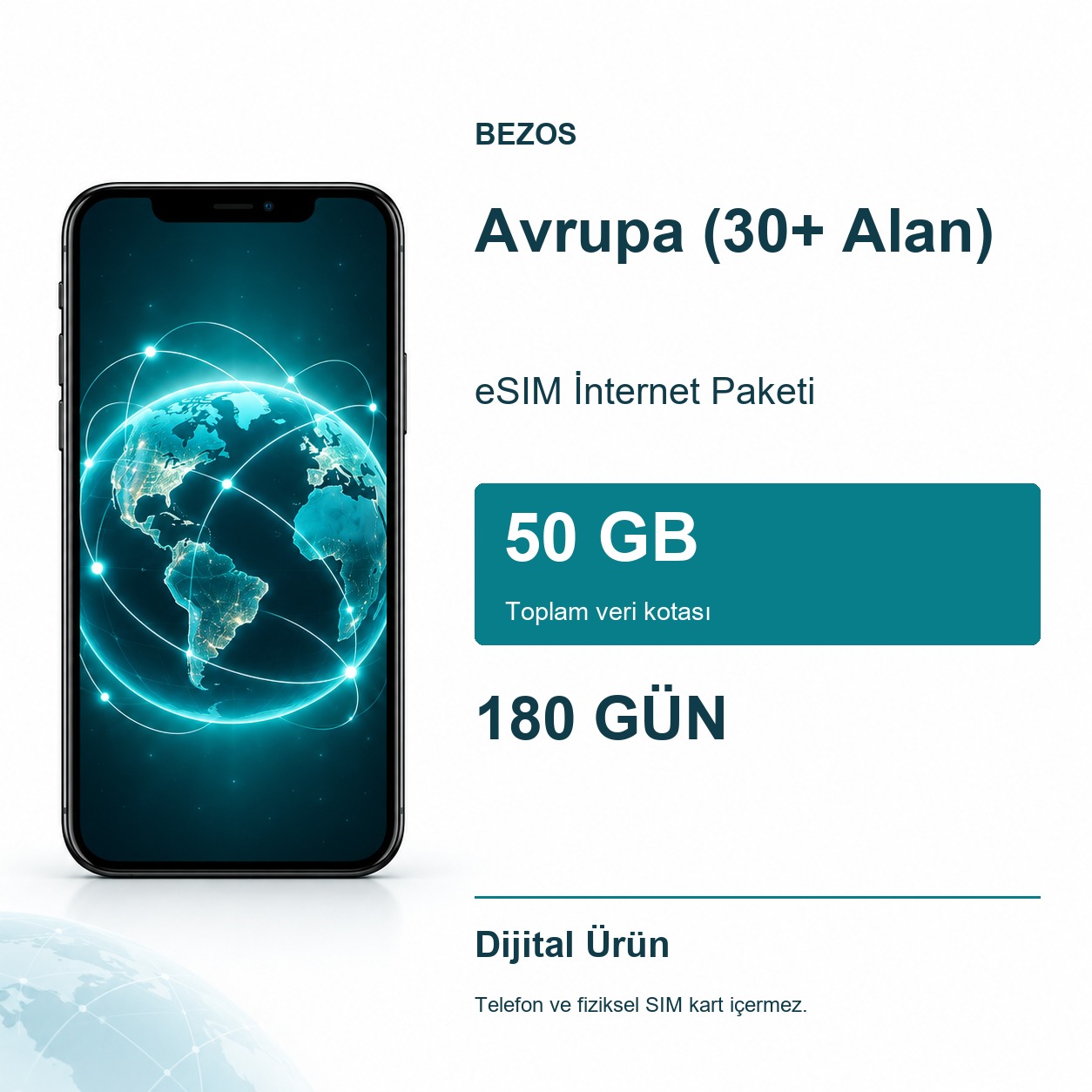 Avrupa (30+ Alan) eSIM İnternet Paketi 50 GB 180 Gün