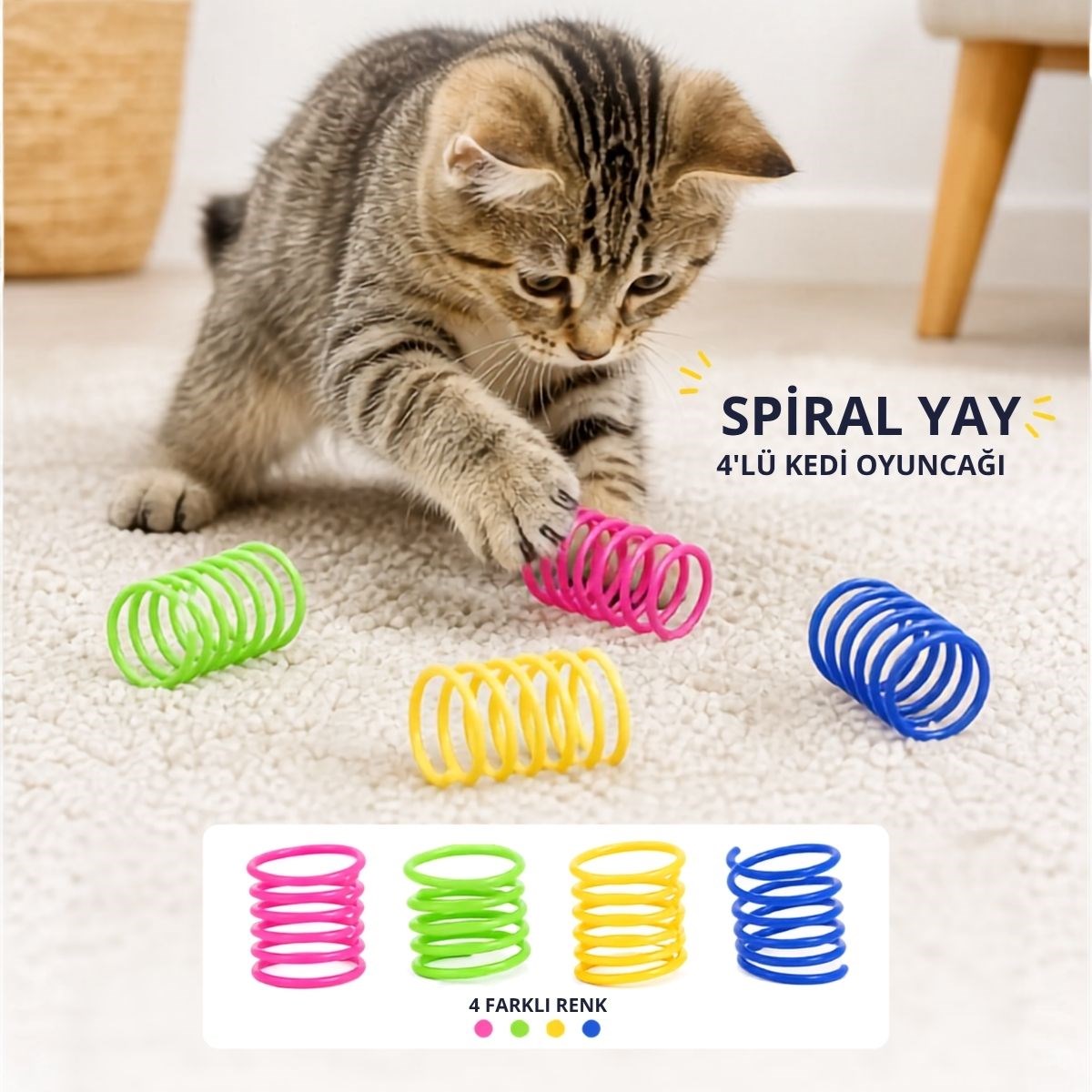 4'lü Renkli Spiral Yay Kedi Oyuncağı, Esnek ve Hareketli Eğlenceli Kedi Oyun Seti