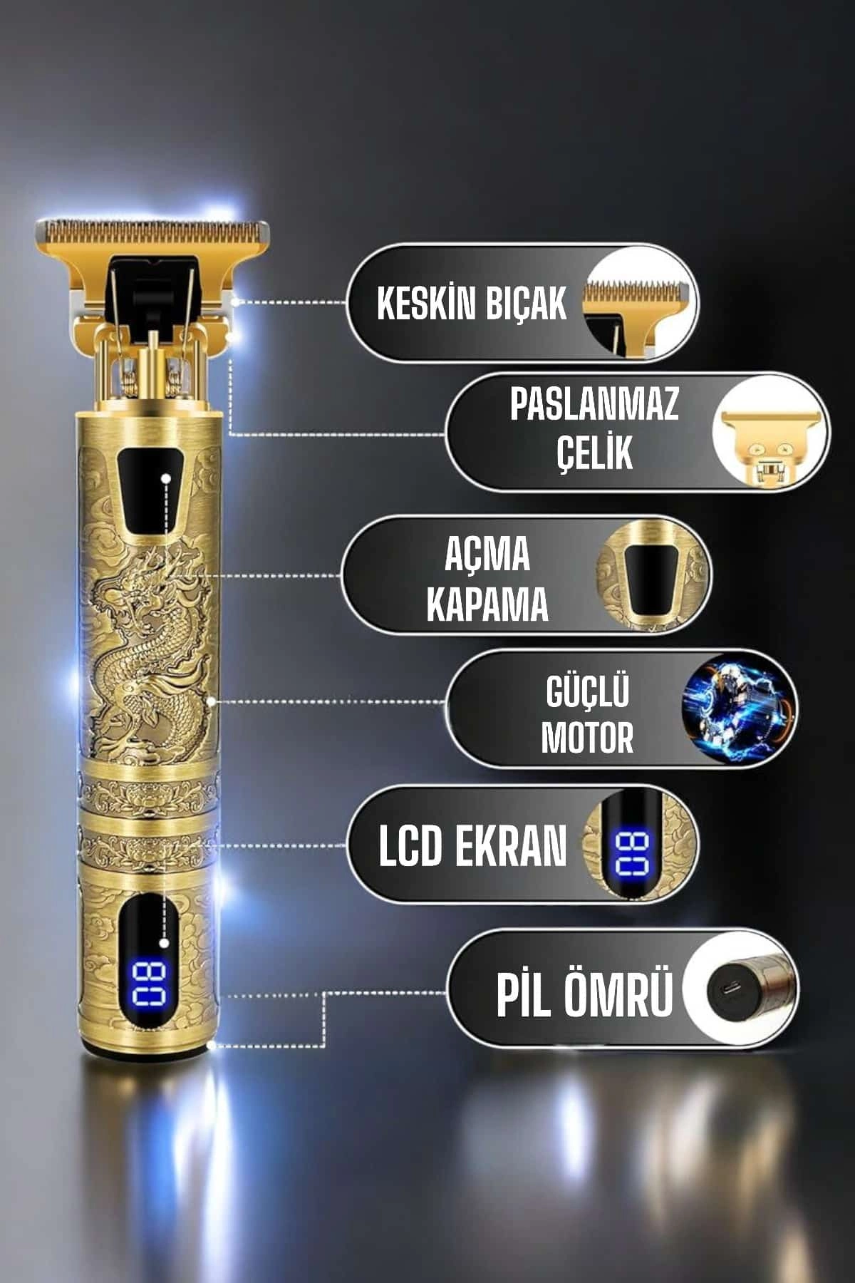 Altın Renkli Şarjlı Tıraş Makinesi ıslak ve Kuru Kullanım