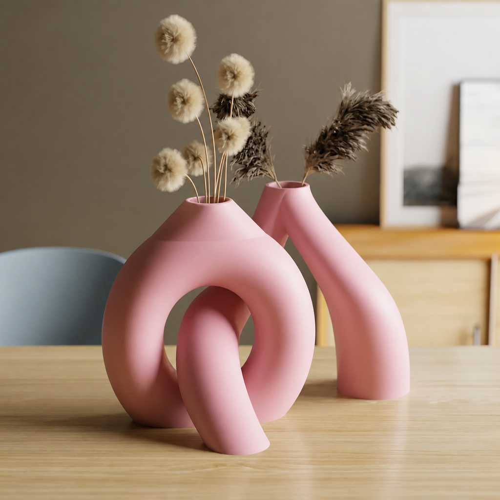 3D Baskı Interlocking Vazo - İç İçe Geçen Dekoratif Vazo-Pembe