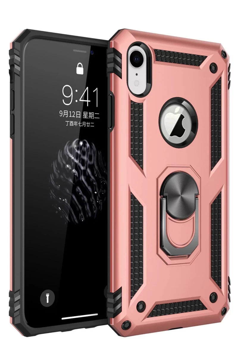 Apple iPhone XR Uyumlu Kılıf Sofya Yüzüklü Silikon Kapak - Rose