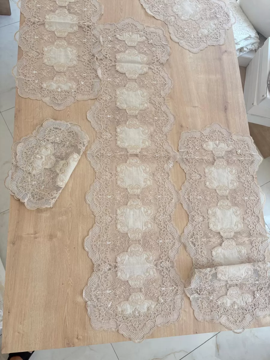 Salon Takımı Çeyizlik Krem Runner Set 5 Parça Keten Ranır Masa Konsol Sehpa Örtüsü Orkide