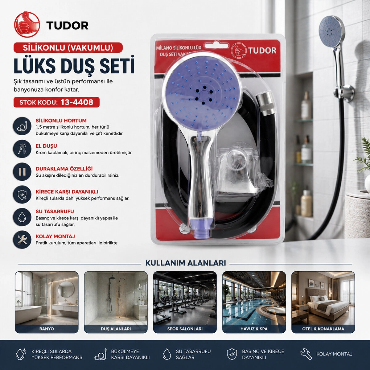 Lüks Vakuumlu Duş Seti 1.5 Metre Silikon Hortum ile