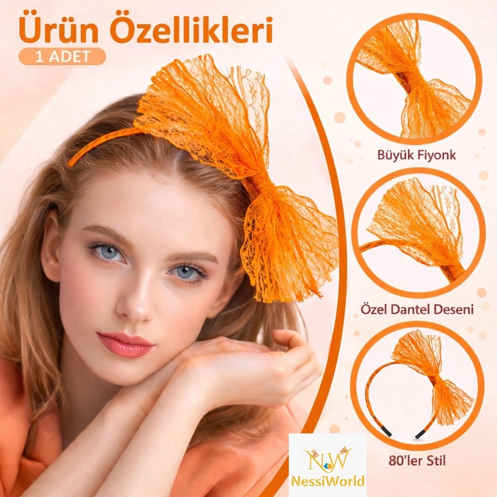Neon Turuncu Dantel Taç Fiyonklu 80'ler 90'lar Tarzı
