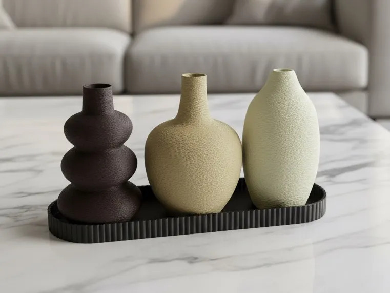 3D Baskı 3lü Dekoratif Vazo Seti ve Sunum Tepsisi - Modern Minimalist Masa Dekoru