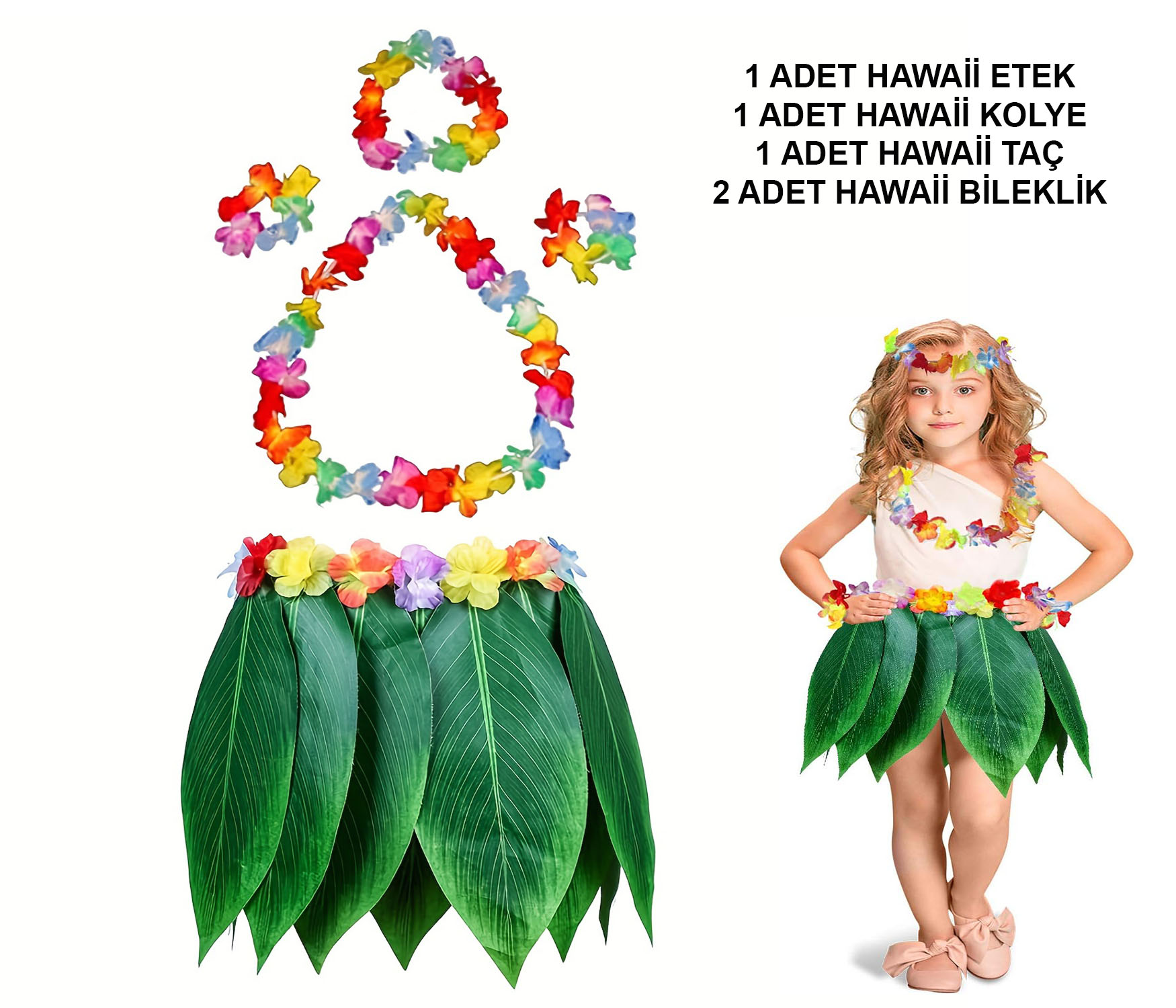 Çocuk Hawaii Kostüm Seti - Yaprak Etek &amp;amp; Hawaii Set - 5 Parça