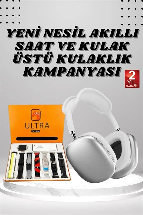 Bluetooth Kulaklık ve 7 Kordonlu Akıllı Saat Seti