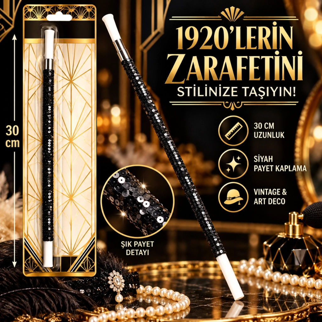 Şık Siyah Payetli Tutacak 30 cm Gatsby Parti Aksesuarı