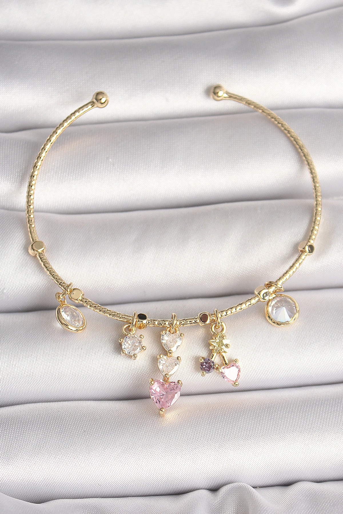 Zirkon Taşlı Kalp Figür Charm Bileklik Pembe Detaylı Kadın
