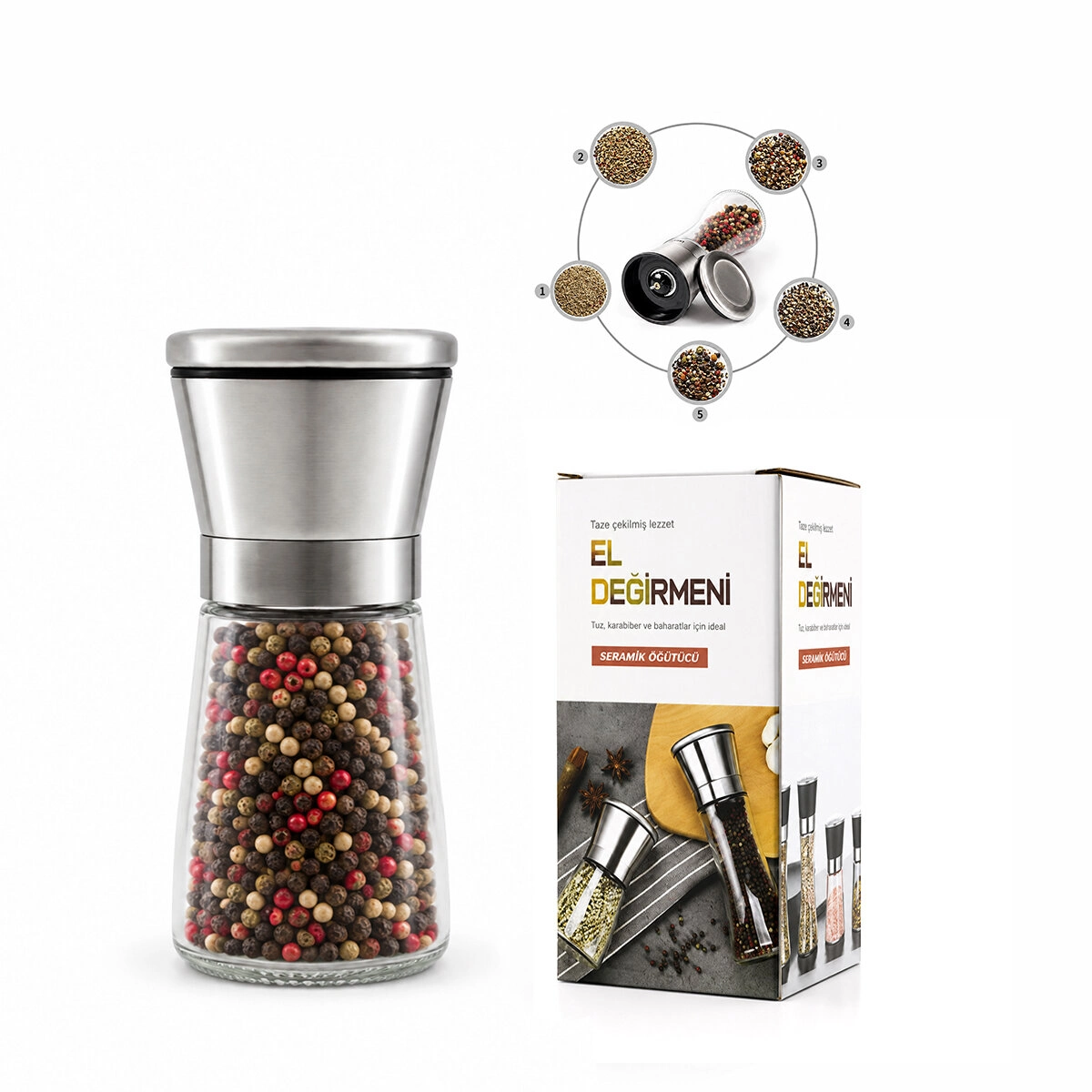 HAND GRINDER KÜÇÜK CAM HAZNELİ - KROM KAPLAMA PLS.KAPAKLI TUZ - BAHARA