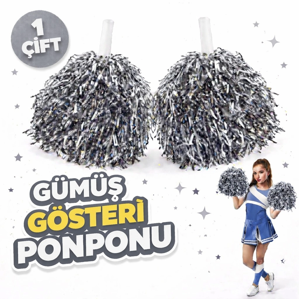 Gümüş Renk Metalik Ponpon 2 Adet Okul Gösterileri için