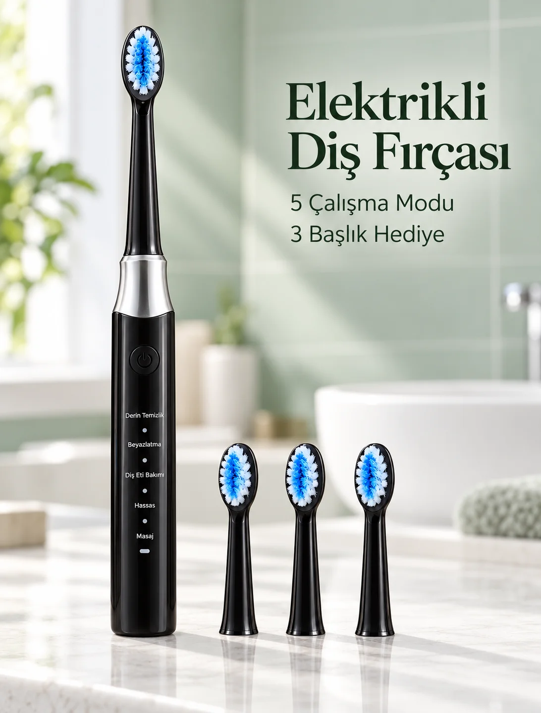 Günlük Ağız Bakımı İçin Şarj Edilebilir 5 Modlu Siyah Elektrikli Diş Fırçası
