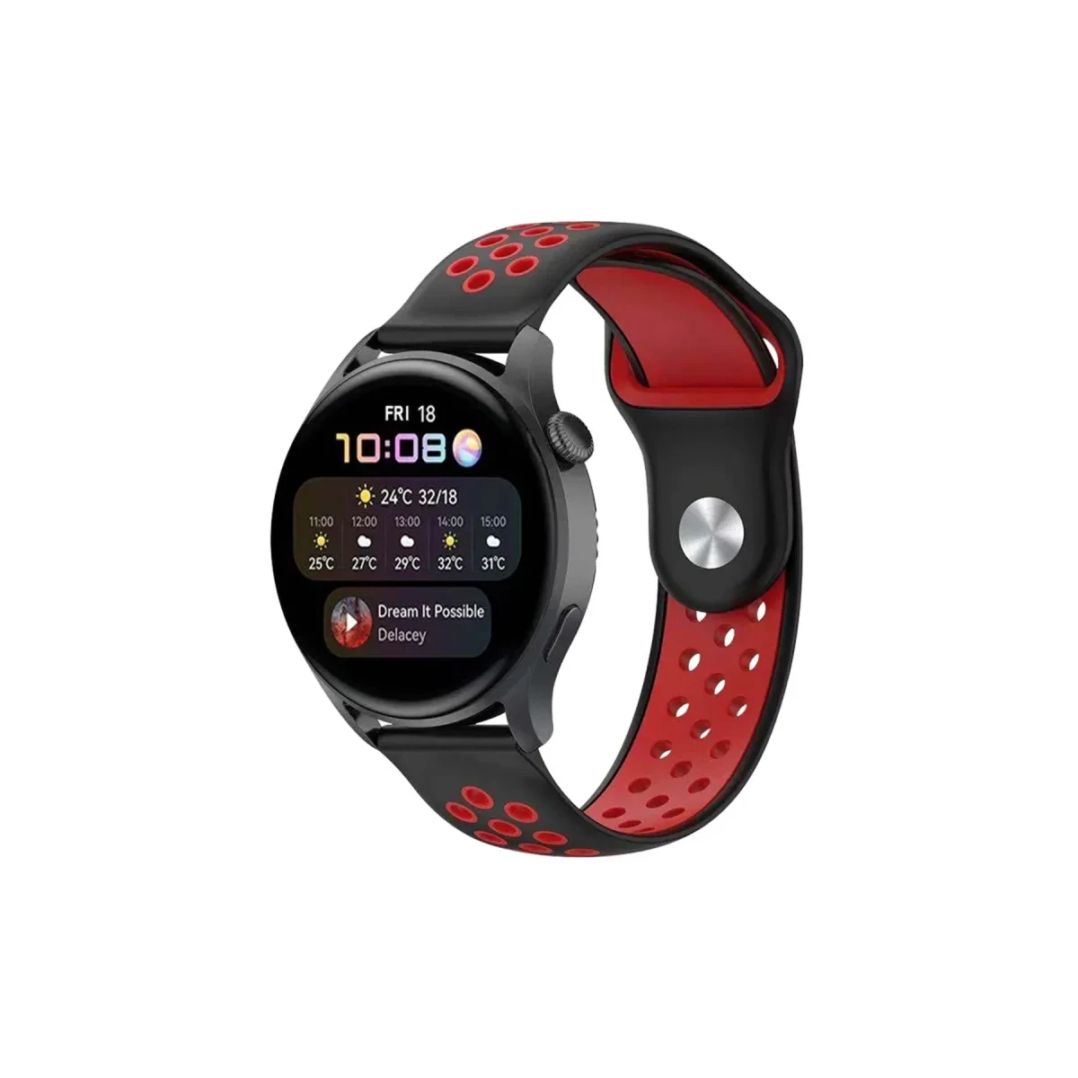 Watch 20mm Spor Delikli Kordon - Siyah-Kırmızı