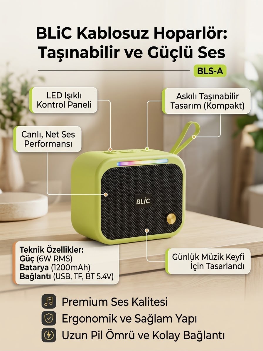 6W RMS Bluetooth 5.4 Taşınabilir Kablosuz Hoparlör